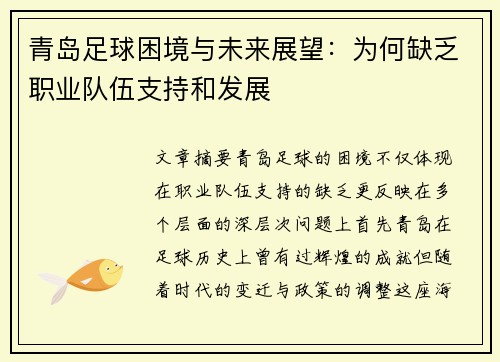 青岛足球困境与未来展望：为何缺乏职业队伍支持和发展