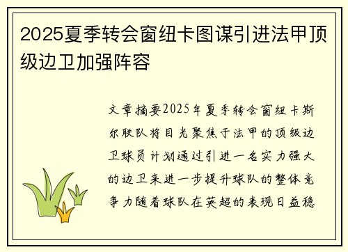 2025夏季转会窗纽卡图谋引进法甲顶级边卫加强阵容
