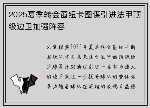 2025夏季转会窗纽卡图谋引进法甲顶级边卫加强阵容 2025夏季转会窗纽卡图谋引进法甲顶级边卫加强阵容